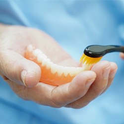 Close-up of dentures in Englewood, FL being brushed